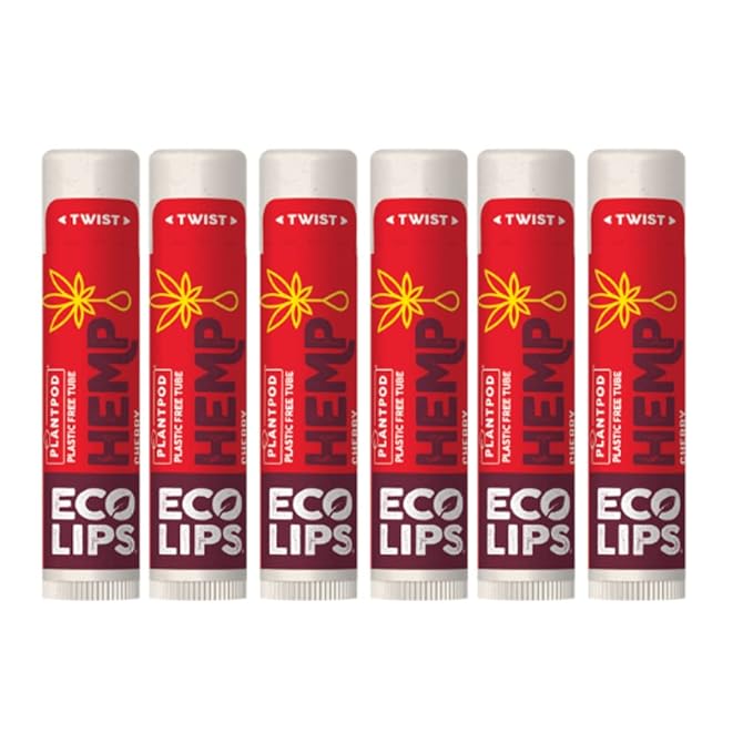 Eco Lips Organic Hemp Lip Balm with Beeswax, Coconut Oil, Vitamin E. Best Chapstick to Soothe & Moisturize Dry, Chapped Lips (Cherry, 6-Pack)