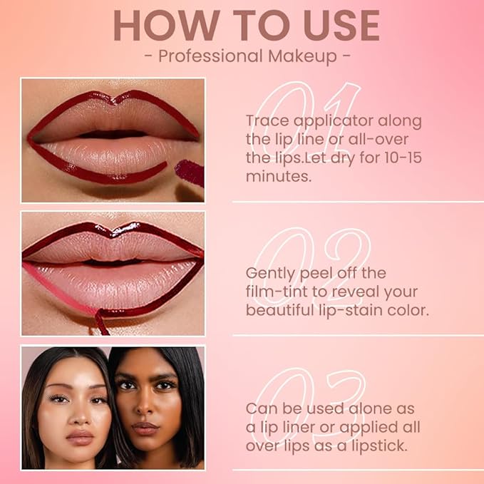 3Pcs Peel Off Matte Lip Gloss Stain-Lip Liner Tattoo with Tweezer, Long Lasting & Waterproof Delicate Peel Off Lip Stain, Transfer-Proof Lip Gloss for All Skin (02+03+06 3Pcs)