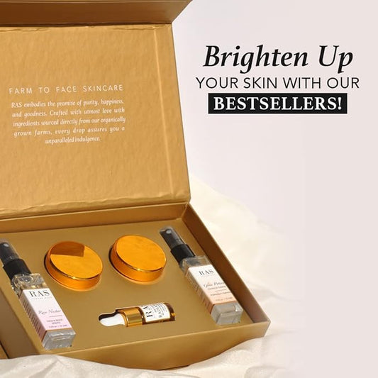 Quick Glow Kit, Hydrating Essence Toner, Exfoliating Face Cleanser, 24K Gold Face Elixir, Face Gel Serum, Face & Body Toner | Smoothens & Softens Skin, Deep Cleanser | Set of 5 - RAS LUXURY OILS