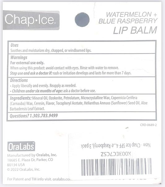Chap-Ice SPF 4 Premium Lip Balm, Crazy Flavors (Watermelon & Blue Raspberry), 3 pack
