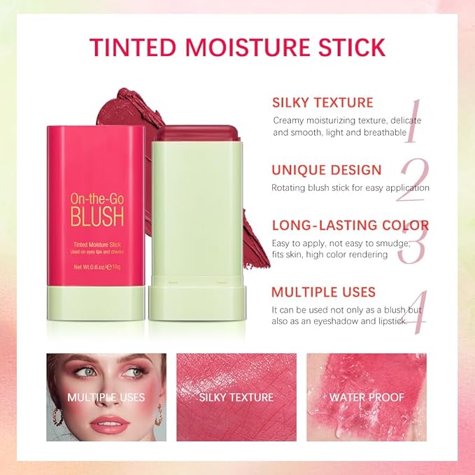 Soft Creamy Blush Stick,On-the-Go Blush,2-in-1 Cheek and Lip Tint,Waterproof Hydrating Solid Natural Moisture Smooth Blendable Matte Finish Face Blush Makeup,01 shy pink