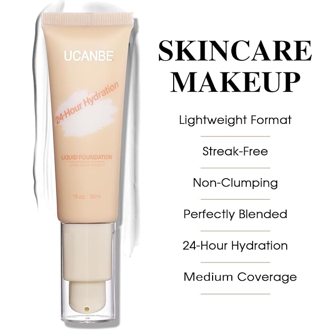 UCANBE White Liquid Foundation with Brush, Skincare Serum Foundation Face Makeup with Hyaluronic Acid, Medium to Medium to Full Coverage Waterproof Oil Control Longwear, for Mature Skin, 1 fl. oz.