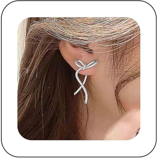 Vintage Crystal Bow Earrings Rhinestone Bow Drop Earrings Long Cz Rhinestone Earrings Gold Bow Cz Stud Earrings Jewelry for Women