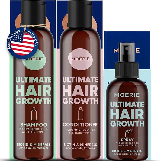 Moerie Mineral Shampoo and Conditioner Plus Hair Growth Spray Set – Ultimate Hair Care Pack – For Longer, Thicker, Fuller Hair - Volumizing Hair Care Products – Paraben & Silicone Free - 3 Products