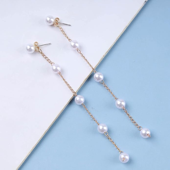 Boho Long Pearl Drop Earrings Vintage Gold Tassel Pearl Dangle Earrings Statement Pearl Chain Drop Dangle Earrings Wedding Prom Bridal Pearl Hook Earrings Jewelry for Women