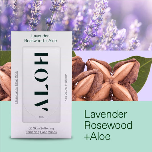 ALŌH Lavender Rosewood + Aloe Sanitizing Hand Wipes - Clean Hands, Clear Mind - On The Go Hand Sanitizer Wipes for Kids and Adults - Travel Size 6 Pack, 20ct (120 wipe)