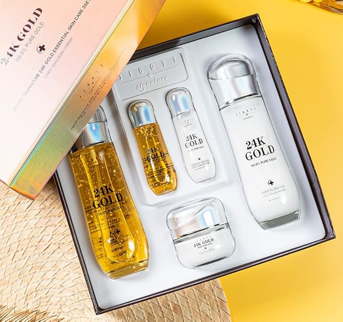Signature 24K Gold Essential Skin Care 3 Set - Toner (150ml), Emulsion (150ml), Cream (50ml) - Korean Skincare for Healthy and Glowing Skin