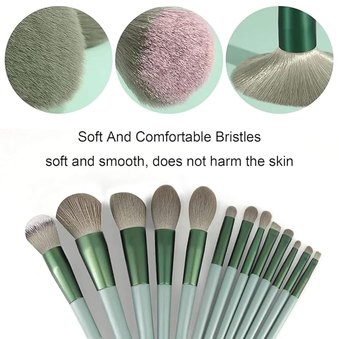 Foundation Makeup Brush Set Kit | 13 Pcs Premium Synthetic Kabuki Eye Shadows Make Up Brushes + 1 Sponge + 1 Brush Bag for Travel and Home Use (GREEN)