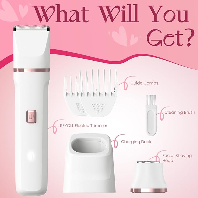 Pubic Hair Trimmer for Women - Electric Razors for Women's Body Groomer, Replaceable Ceramic Blade Heads, Face Hair Remover Head, USB-C&Dock Charging, Waterproof&Easy Cleaning White