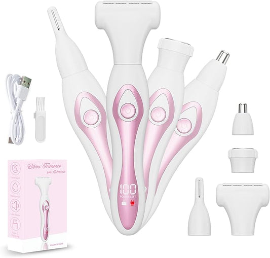 RUIM Electric Razors for Women, 4-in-1 Painless Bikini Trimmers with LED Display, Rechargeable Wet/Dry Body Razors for Arms, Legs, Pubic Hair, Face