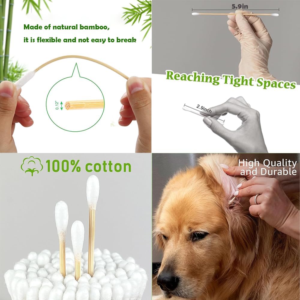 5.9inch Long Large Cotton Swab，Double-Sided Bamboo-Handled Dog-Eared Cotton Swabs,Designed Specifically for Dogs，Ear Cleaning for Medium and Large Dogs or Makeup Large(100PCS)