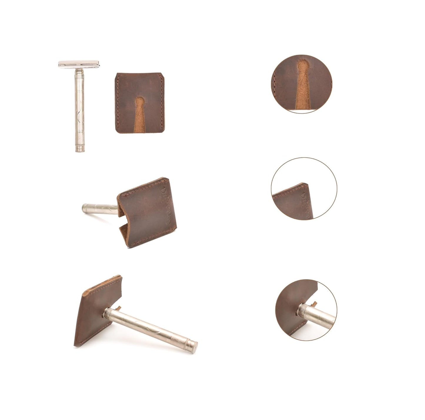 Leather Safety Razor Cover – Double Edge Protector, Travel Shaving Pouch, Snap-On Head Guard, Durable Leather Case for DE Blades, Compact Shaving Accessory Pouch