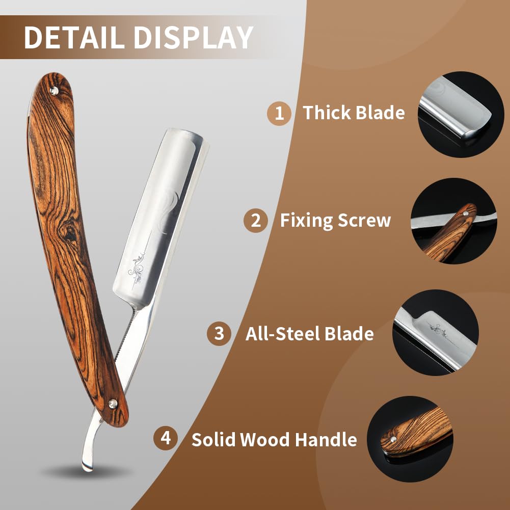Straight Razor Wooden Handle Shave Ready for Men Barber,Straight Edge Razor Professional Carbon Steel Sharp Shaver for Men Home &Grooming Using