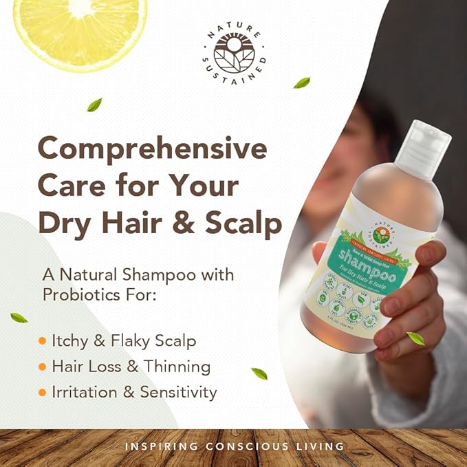 Natural Shampoo for Dry Hair & Scalp - Organic, Raw & Wildcrafted w/Probiotics, Hypoallergenic, Hydrating Shampoo - 9 Oz