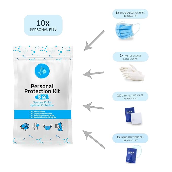 Personal Protection Kit TO GO, Mini 4 Item PPE Kit for travel and school | Includes 1 Each of Face Covering, Gloves, Cleansing Wipes & Hand Cleansing Gel | 10 - Pack (Light Blue)