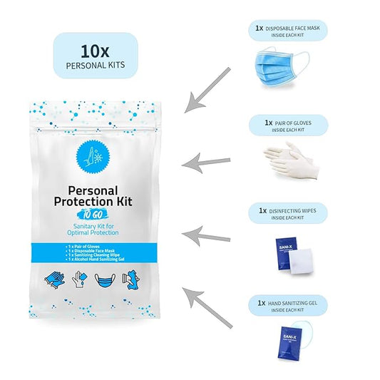 Personal Protection Kit TO GO, Mini 4 Item PPE Kit for travel and school | Includes 1 Each of Face Covering, Gloves, Cleansing Wipes & Hand Cleansing Gel | 10 - Pack (Light Blue)