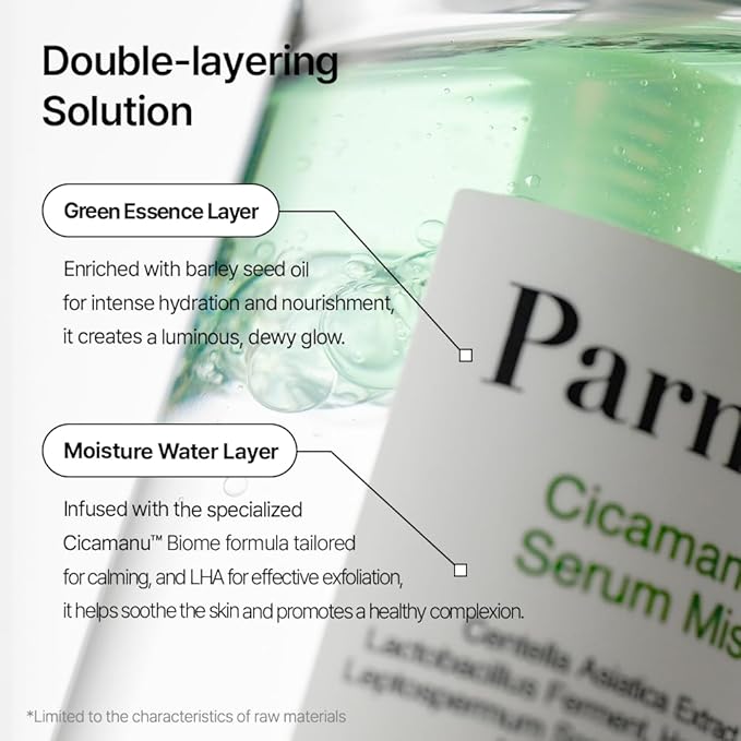 Parnell Cicamanu Serum Mist - Centella Asiatica, Hyaluronic Acid, Ceramide, LHA, Balancing Oil, Moisturizing and Soothing for Radiant Skin (1.69 Fl Oz / 50ml)