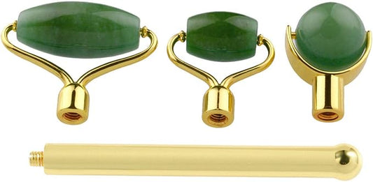 mookaitedecor Jade Roller Green Aventurine 3 in 1 Set Removable Replacement Rollers, Anti-Aging Massager Tool for Face and Neck