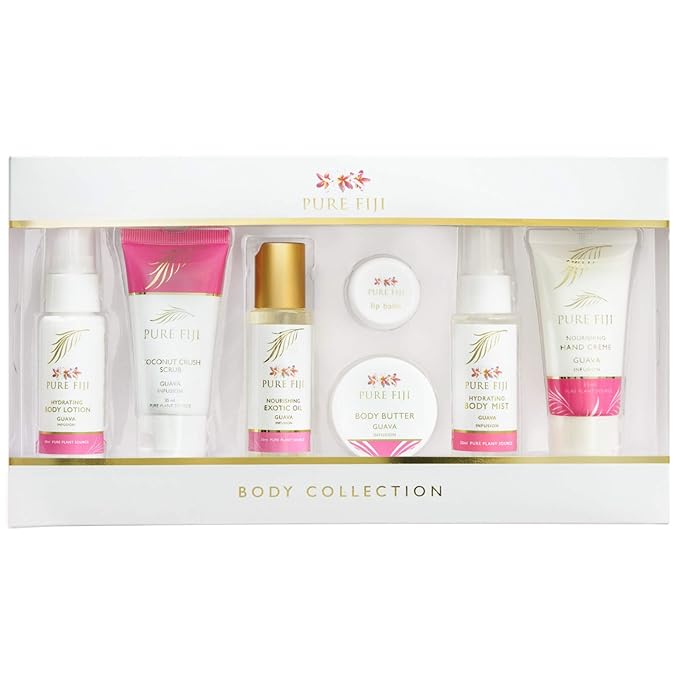 Pure Fiji Body Collection 7pacs- Bath and Body Gift Set Include - Body Mist,Coconut Crush, Body Oil, Body Butter, Soap, Body Lotion, Hand Creme - Travel Size, Scent Guava