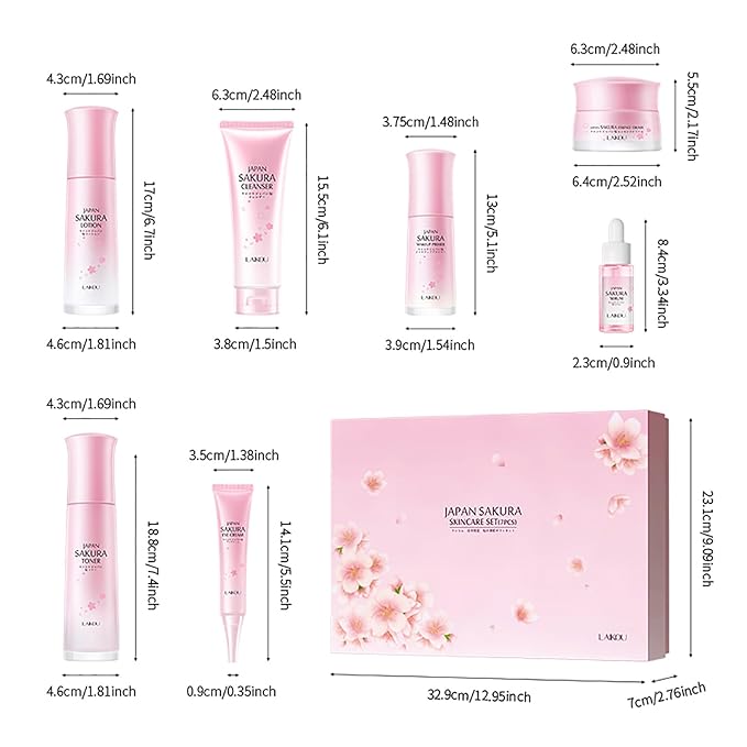 Skin Care Set JAPAN SAKURA Beauty Gift Sets Skin Care Kit with Cleanser, Toner, Lotion, Serum, Eye Cream, Face Cream, Make up Primer Travel Kit for Women Wife Mom 7pcs