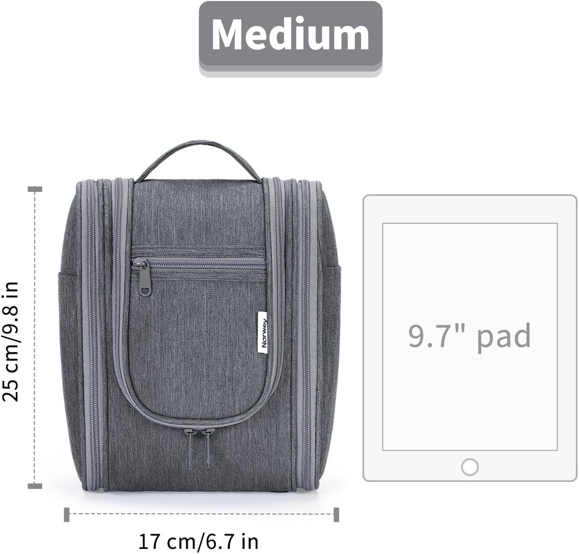 Narwey Small Hanging Toiletry Bag Women Travel Makeup Bag Organizer Toiletries Bag for Travel Size Essentials Accessories Cosmetics (Medium, Grey)
