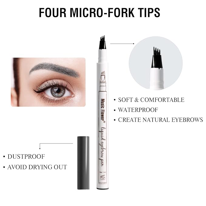 Music Flower Eyebrow Pen, Liquid Eyebrow pen, Waterproof Brow Pencil with Micro-Fork Tip, Smudgeproof Long Lasting Fine Sketch Microblading Pen-Dark grey