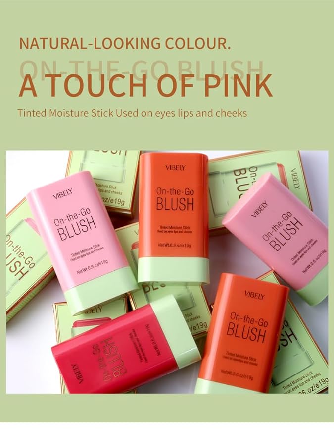 Multi-Use Makeup Blush Stick, Cream Blush Stick, Tinted Solid Moisturizer Stick for Cheek & Eyes & Lips, Waterproof Natural Nude Makeup, Suitable for All Skin (3#Coral Orange)