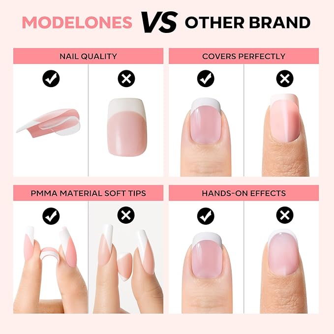 modelones French Tip Press on Nails, 150Pcs Extra Short Square Fake Nails with Nail Box, Pink Gel Nail Tips for Women, Soft Glue-On Nails for Natural Salon Look, DIY Nail Art Kit (15 Sizes)