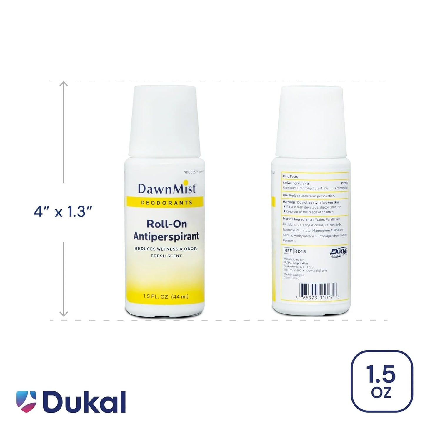 Dukal RD15 DawnMist Roll on Antiperspirant & Deodorant, Fresh Scent, Travel Size, 1.5oz, 20 pack