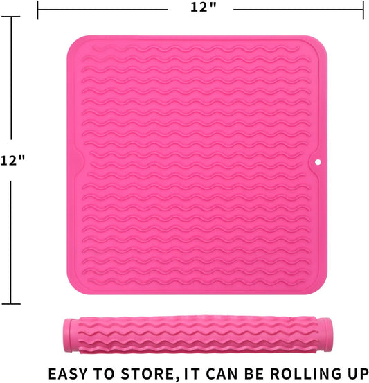 Silicone Dish Drying Mat for Multiple Usage,Easy clean,Eco-friendly,Heat-resistant Silicone Mat for Kitchen Counter or Sink,Refrigerator or Drawer liner Rose M 12 inches x 12 inches