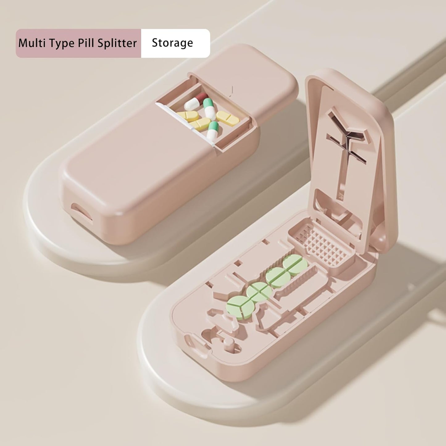 Precision Pill Cutter with Centering Guide - Multi-Angle Tablet Splitter for 1/2, 1/3 & 1/4 Cuts, Includes Pill Crusher & Storage Compartment (Pink)