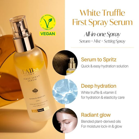 d'Alba Travel Essencial Gift Set, White Truffle First Spray Serum Full Size & Travel Size with Yellow Pouch, Korean Skin Care