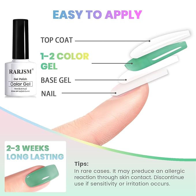 RARJSM Colorful Stained Glass Gel Nail Polish Set 6pcs Clear Crytal Blue Green Yellow Orange Red Neon Pink Series Transparent Sheer Amber Milky Gel Varnish LED UV Curing Requires French Manicure