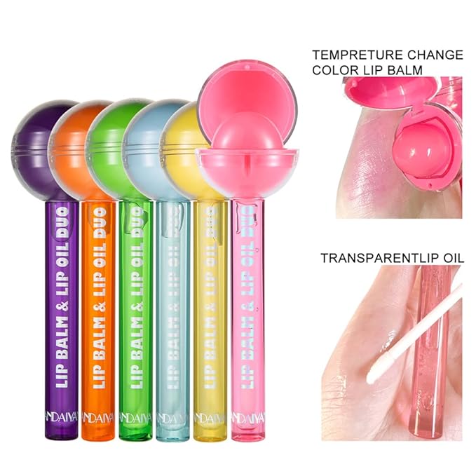 Tinted Lip Balm Lollipop Lip Gloss, Magic pH Color Changing Pink Lipstick & Vitamin E Clear Lip Oil Combo, Hydrating Plumping Lip Care Product for Girls (Green)