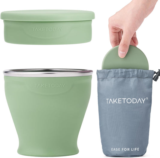TakeToday Collapsible Travel Cup - Silicone Foldable Water Cup, BPA-Free with Lid & Waterproof Bag - Drinking Cup Set for Office, Camping & International Travel（8 Oz, Green）