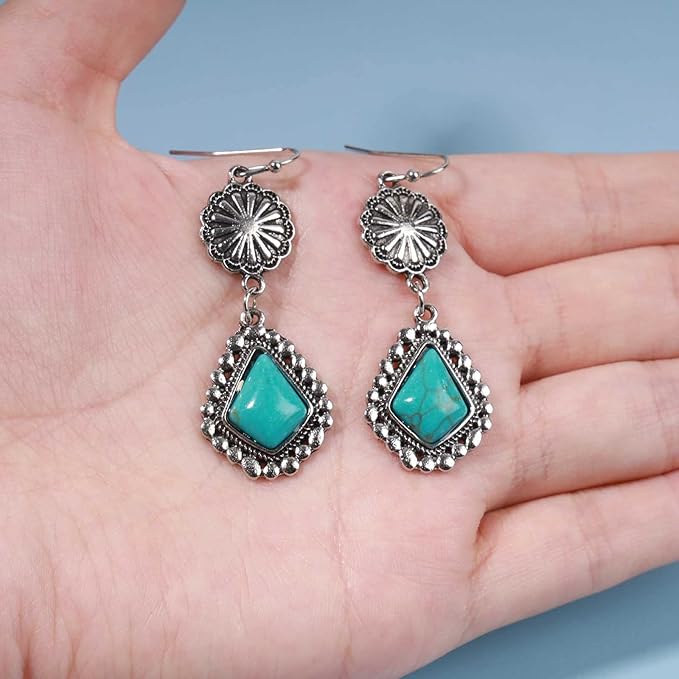 Boho Oval Turquoise Earrings Silver Circle Dangle Drop Earrings Vintage Flower Earrings Tribal Earrings Jewelry for Women and Girls