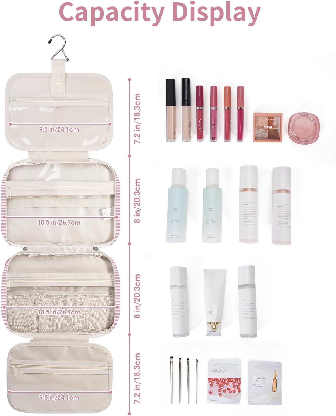 Narwey Striped Hanging Toiletry Bag for Women Travel Makeup Bag Organizer Toiletries Bag for Travel Size Essentials Accessories Cosmetics (Dusty Pink Stripe (Medium))