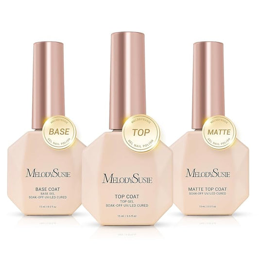 MelodySusie No Wipe Glossy Top Coat Base Coat Matte Top Coat Set Long Lasting Shine Finish Soak Off UV LED Nail Lamp Nail Art Design Manicure Kit Perfect Gifts for Women Girls 3 Pcs 15ml Clear