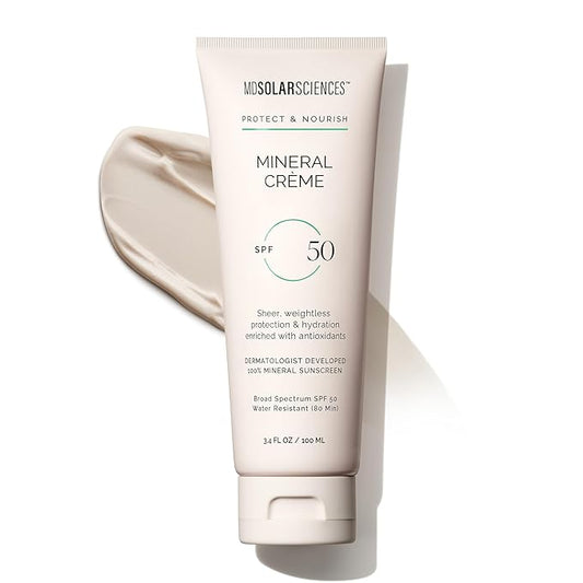 MDSolarSciences Mineral Crème Sunscreen SPF 50 | Water-Resistant, Broad Spectrum UV Protection | Zinc Oxide Formula with Antioxidants | No White Cast, Sheer Matte Finish for All Skin Types (3.4 Fl Oz)