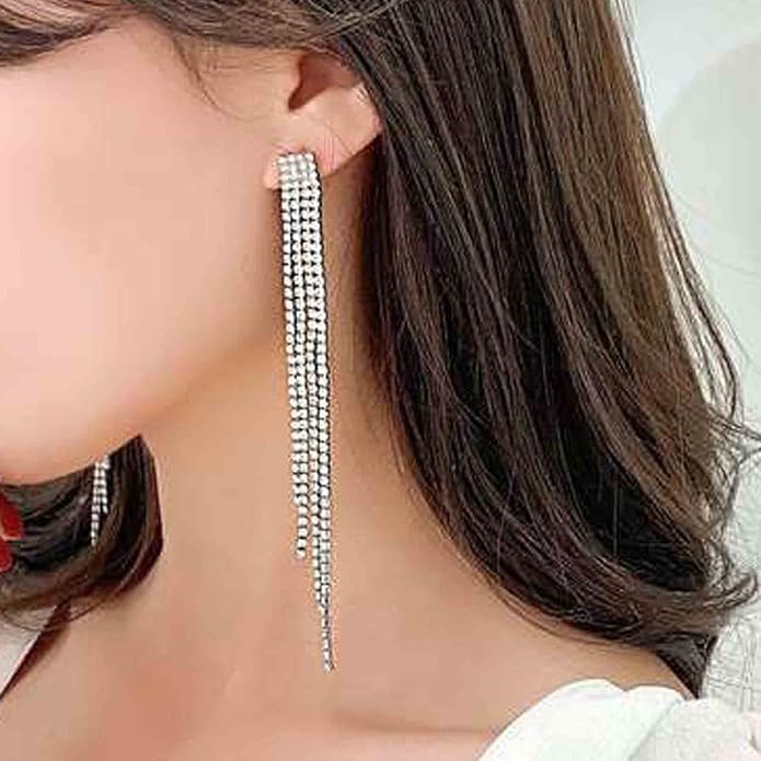 Boho Rhinestone Tassel Earrings Long Fringe Drop Dangle Earrings Silver Crystal Chain Tassel Earrings Vintage Chandelier Chain Studs Earrings Luxury Statement Earrings Jewelry for Women and Girls Gifts