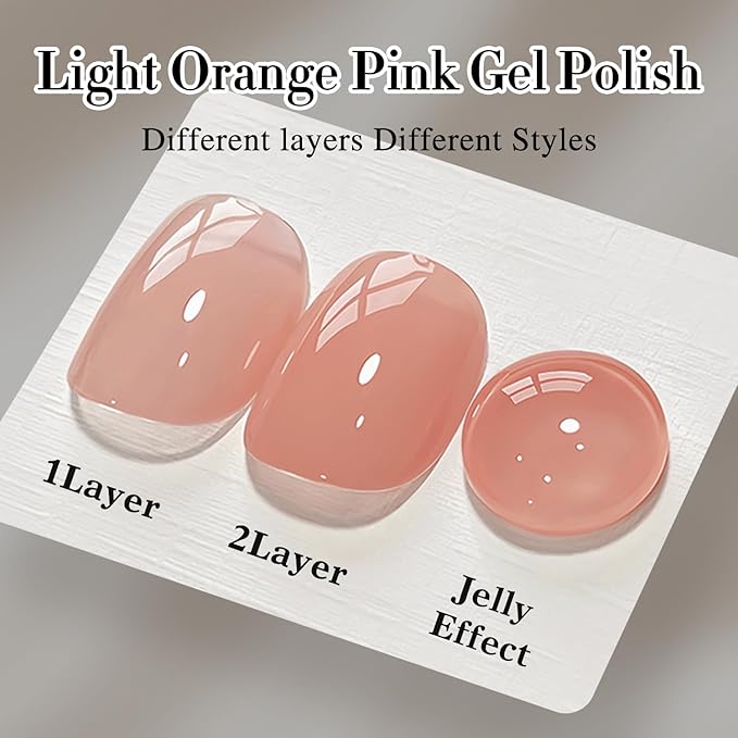 Double Rhythm 0.50 OZ Translucent Gel Polish Same Color Same Bottle Sheer Pastel Neutral Natural Milky 15 ML Jelly UV Nail Art DIY at Home (Light Orange Pink-A1497)