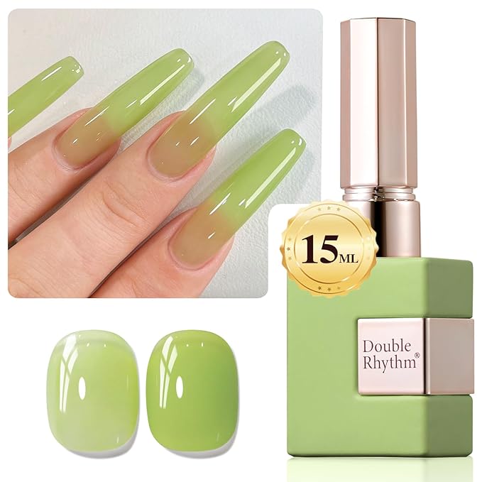 Double Rhythm Translucent Gel Polish Sheer Neutral Natural Light Milky Same Color Same Bottle 15ML Jelly Nail Polish Nail Art DIY at Home (Green-A1408)