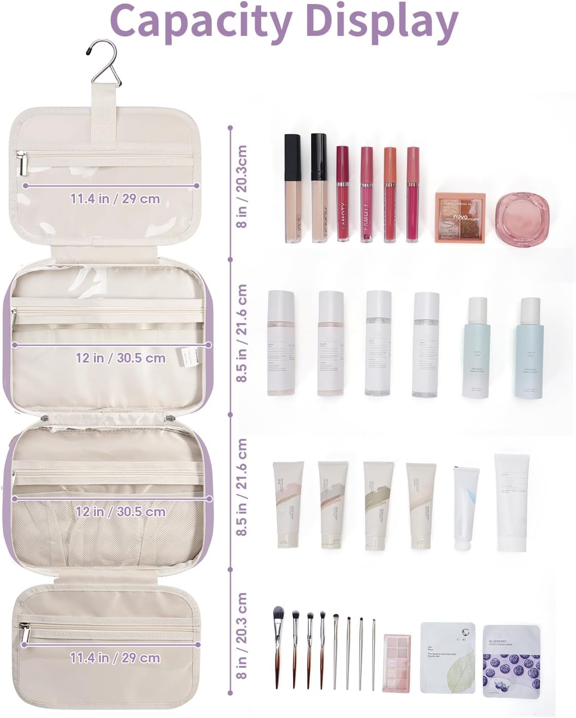 Travel Toiletry Bag for Women Large Hanging Makeup Bag Organizer Toiletries Bag for Full Size Essentials Accessories Cosmetics (Purple (Large))