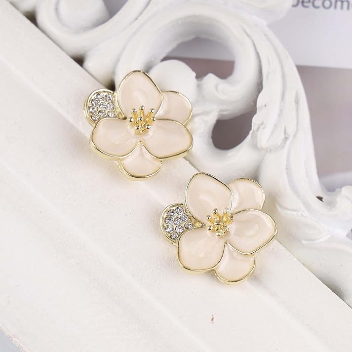 Vintage Enamel Flower Stud Earrings Camellia Flower Earrings Gold Crystal Flower Petal Earrings White Petal Stud Earrings Jewelry for Women