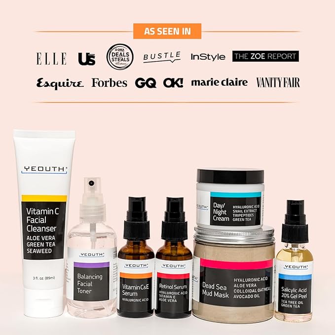 YEOUTH Skin Care Set: Vitamin C Face Wash, Toner, Vitamin C & Retinol Serum, Face Cream, Peel & Mask 7- Piece Skincare Gift Set for Teens, Women & Men