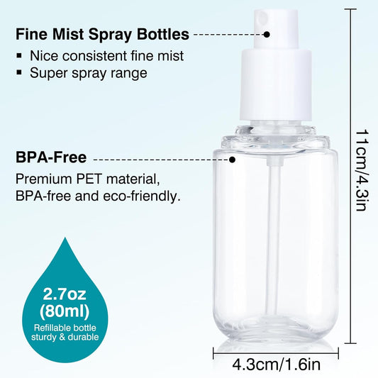 Travel Spray Bottle 3 Pack 2.7oz/80ml Portable Plastic Small Spray Bottles Refillable Mini Spray Bottle Empty Fine Mist Spray Bottles for Makeup Removers, Perfume, Essential Oils Toners Rose Waters