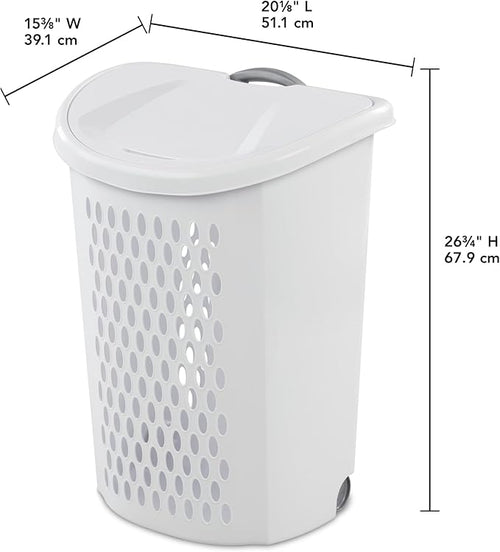 (2 Pack) Ultra Wheeled Hamper - White Plastic Laundry Hamper with Retractable Handle & Smooth Wheels, 2 Bushel Capacity for Dorms/Apartments/Family