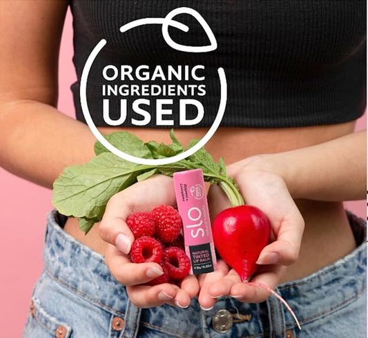 Slo | Natural Lip Balm - All Natural Ingredients, Vegan & Cruelty Free, Hydrating & Soothing, Plastic Free, Paper Packaging | Raspberry + Rosehip, 0.28oz