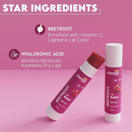 Clensta Beetroot SPF 30 Tinted Lip Balm | Hydrating & Moisturizing Lip Care with Hyaluronic Acid | Broad Spectrum Lip Sunscreen | 4.5g