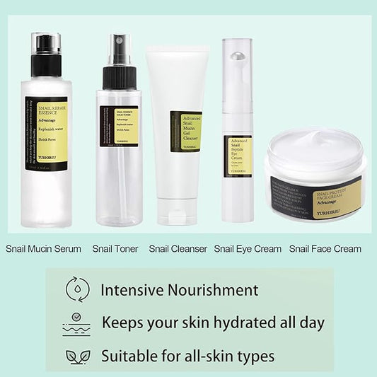All About Snail Mucin Kit - Snail Korean Skincare 5-Pack, Snail Skin Care Products Set: Face Gel Cleanser, Essence, Cream, Toner & Eye-Cream, Facial Kit for Women and Men Hydrating & Anti-Aging